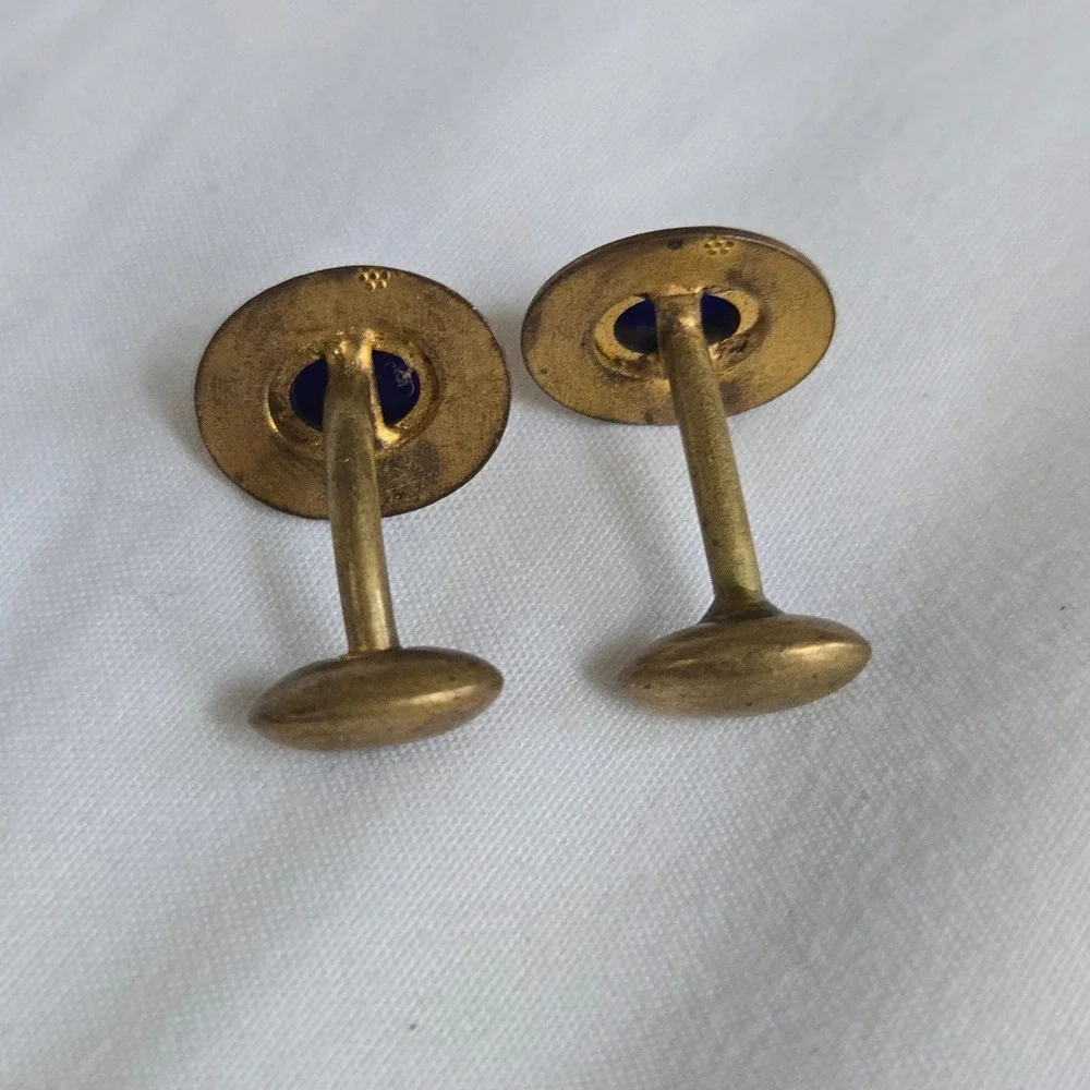 VTG Blue Glass Cabochon Cufflinks Mens Gold Oval Antique Art Deco USA Unbranded